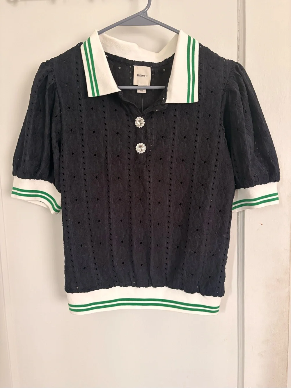 Anthropologie Navy Eyelet Polo Top with White & Green Trim